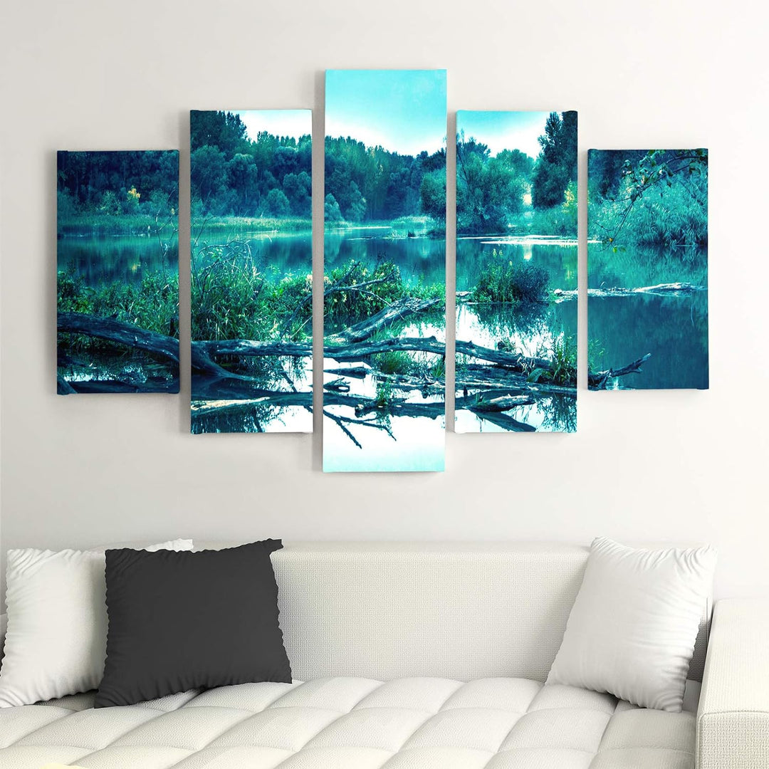 Wandbild Natur 250x120 cm Deco Panel 5 Teilig XXL Kunstdruck Wald See blau Deco Panel XXL 250x120 cm