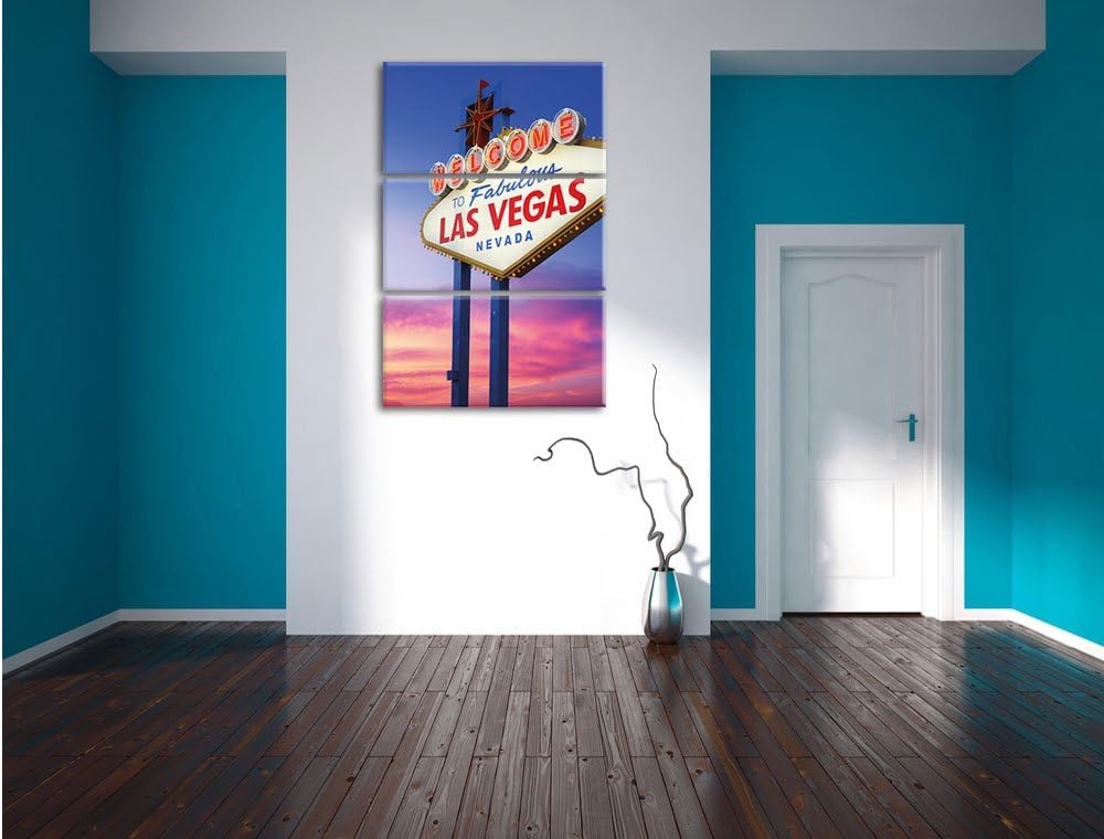 Pixxprint Las Vegas Schild in der Dämmerung als Leinwandbild | Grösse: 3 Teilig (120x80) | Wandbild|