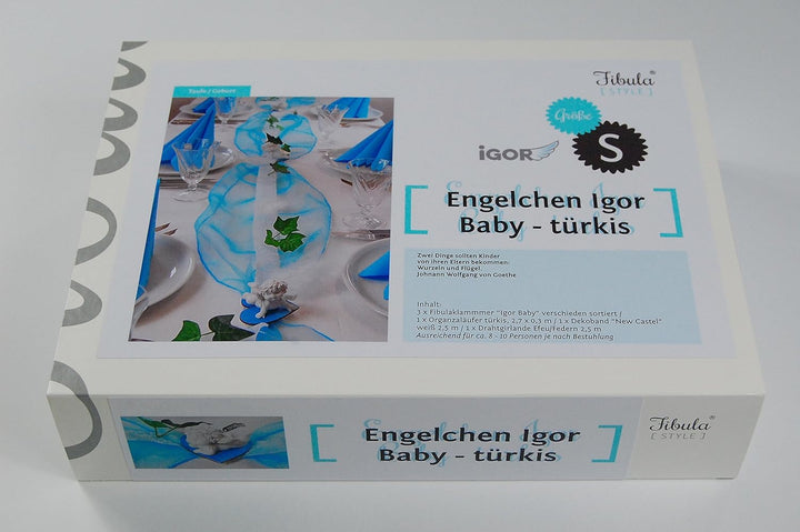 Fibula [Style] ® Komplettset"Engelchen Igor" türkis Tischdekoration für Taufe/Geburt/1. Geburtstag J
