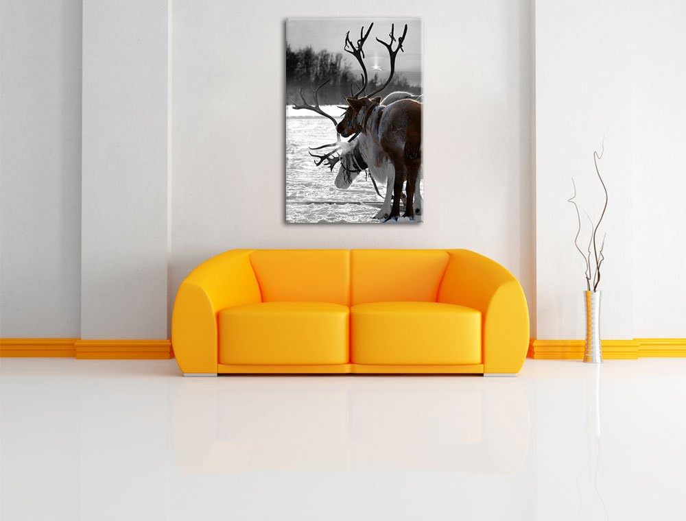 Rentiere im Schnee schwarz/weiss Format: 100x70 auf Leinwand, XXL riesige Bilder fertig gerahmt mit
