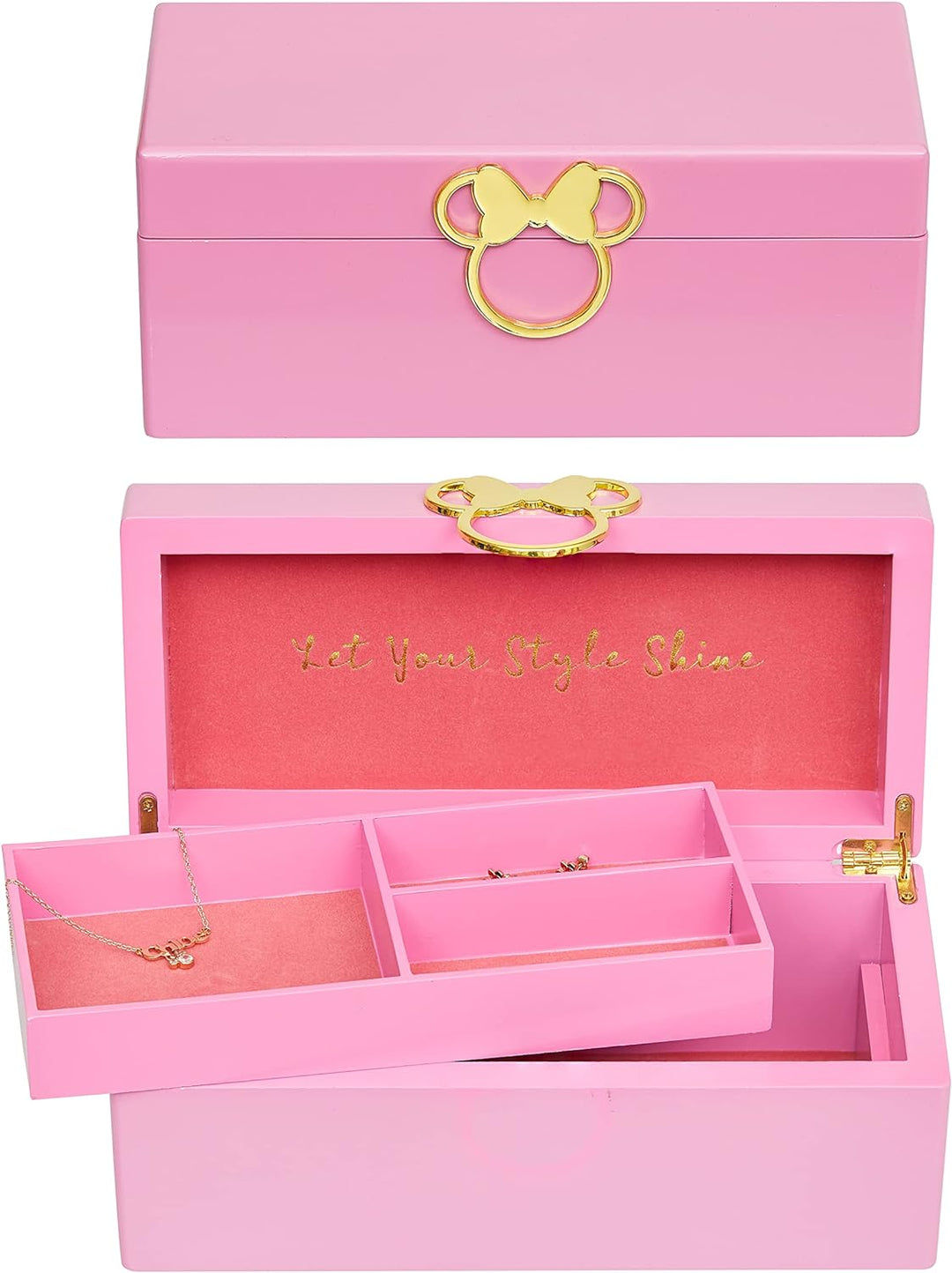 Disney Minnie Mouse Gold Icon Pink Lacquer Wood Jewelry Box Jewelry Organizer, Officially Licensed K