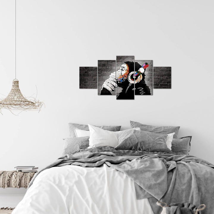Runa Art Wandbilder Banksy Affe mit Kopfhörer 5 Teilig Bild auf Vlies Leinwand Deko Loft Wohnzimmer