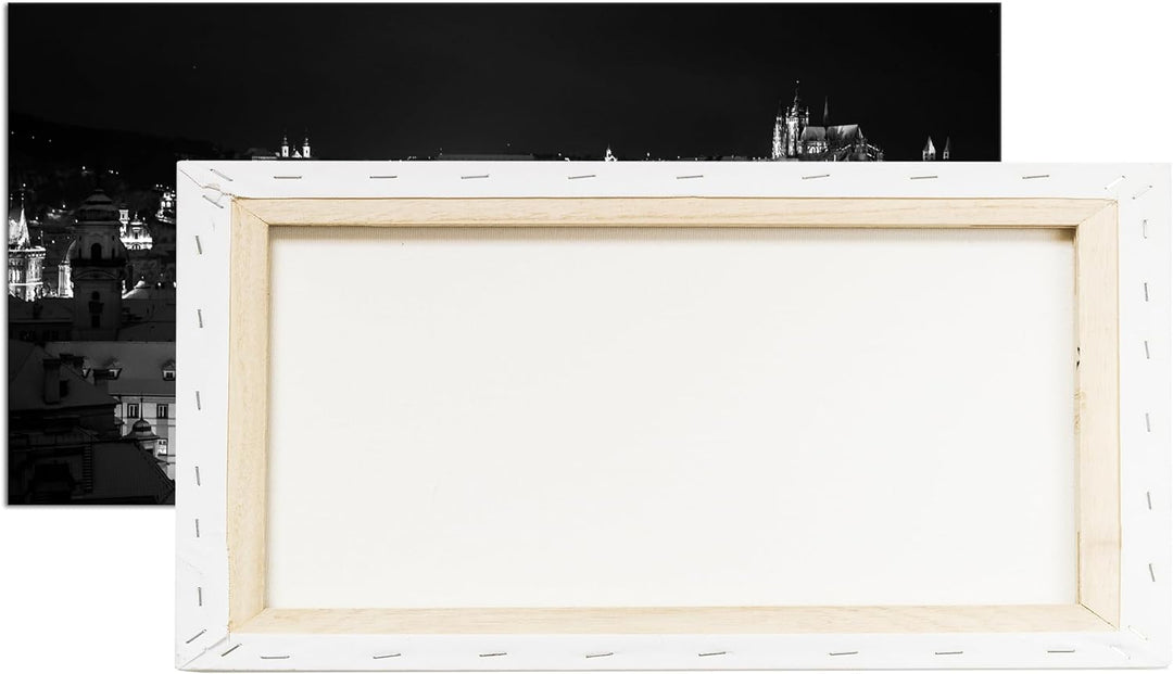Prag bei Nacht Panorama 100x50 cm Effekt: Schwarz/Weiss als Leinwandbild, Motiv fertig gerahmt auf E