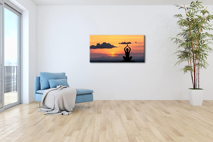 Yoga Meditation am Meer Panorama 100x50 cm als Leinwandbild, Motiv fertig gerahmt auf Echtholzrahmen