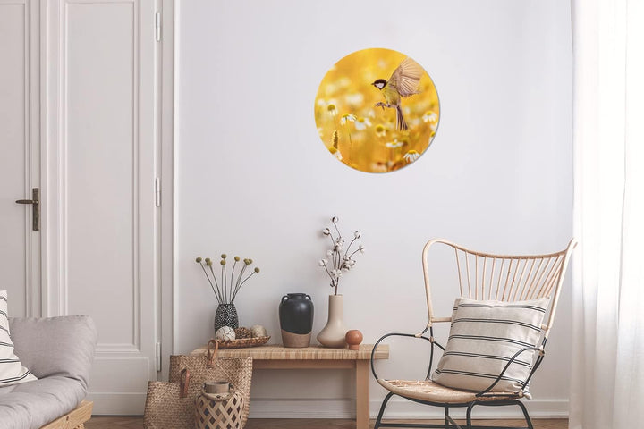 MuchoWow Wandbild Rund Wanddeko Deko Wohnzimmer Bilder 30x30 cm Vogel - Kohlmeise - Blumen - Gänsebl