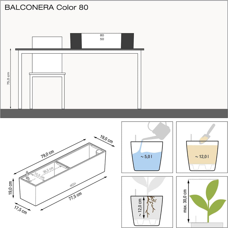 LECHUZA 15684 "BALCONERA Color 80" Pflanzgefäss mit Erd-Bewässerungs-System, Muskat, 79 x 19 x 19 cm
