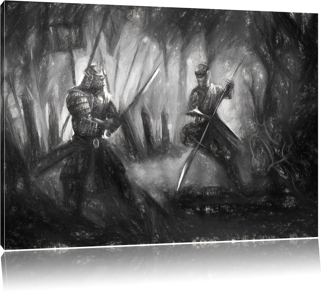 Pixxprint Kampf zwischen Samurai und Ninja als Leinwandbild/Grösse: 100x70 / Wandbild/Kunstdruck/fer