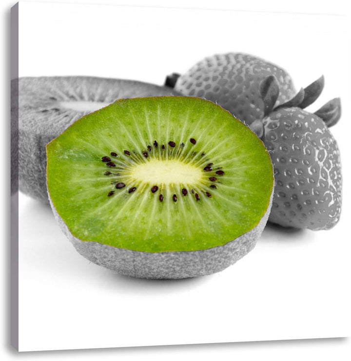 Pixxprint fruchtige Erdbeeren mit Kiwi als Leinwandbild Quadratisch| Grösse: 70x70 | Wandbild| Kunst