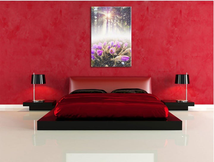 Pixxprint blühende lila Blumen im Wald Kunst Buntstift Effekt, Format: 100x70 auf Leinwand, 100x70