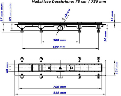 Duschrinne Bodenablauf Edelstahl Ablaufrinne Badablauf flach 75cm, Modell: Basic