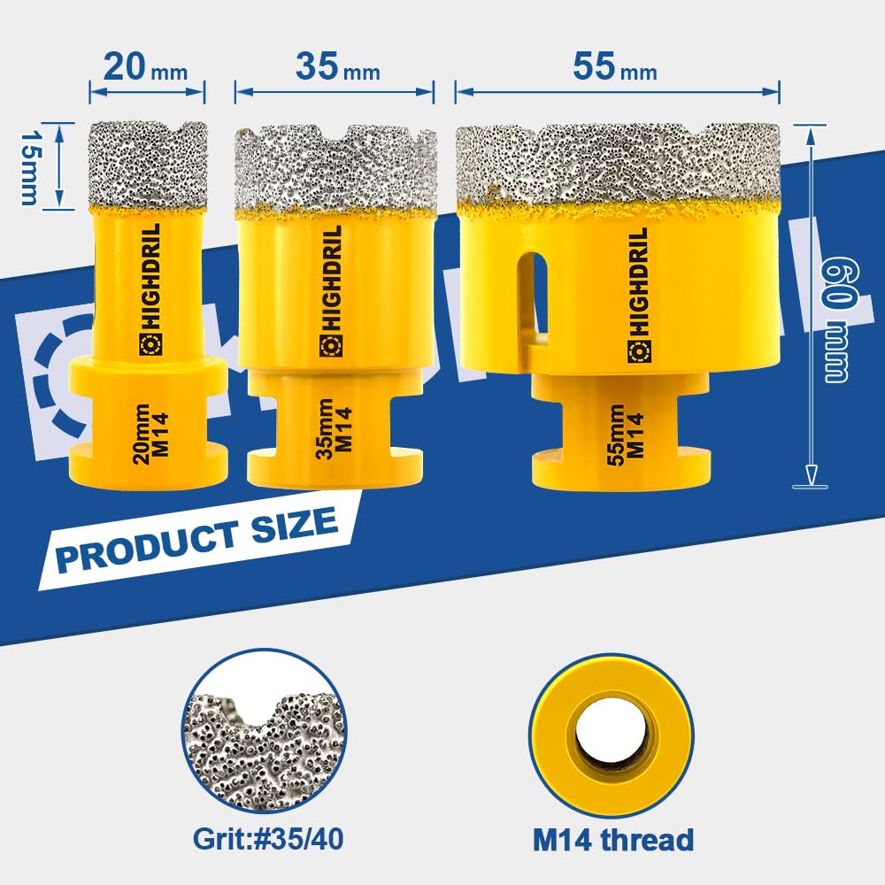 HIGHDRIL Diamant Bohrkrone - 3 Stücke 20/35/55mm x M14 Fliesenbohrer Lochsäge Fliesen für Porzellan