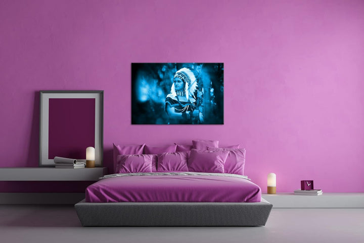 deyoli stolze Indianerin Format: 80x60 Effekt: Monocrome Blau als Leinwand, Motiv fertig gerahmt auf