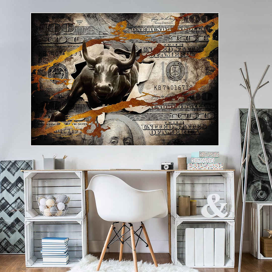 wandmotiv24 Poster als Wanddeko, Grösse Din A0, Stier stürmt durch Geldschein, Dollar, Geld, Tier, M