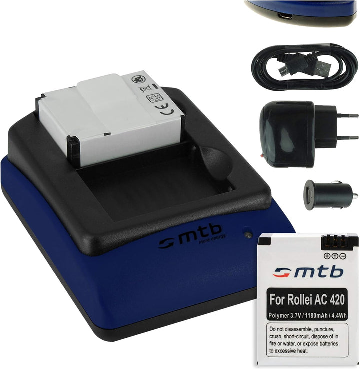 2X Akku + Dual-Ladegerät (Netz+Kfz+USB) kompatibel mit Rollei Actioncam 420 (4K Ultra WiFi)