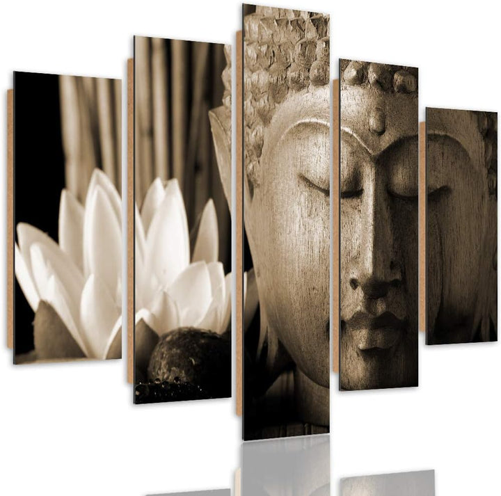 Feeby Deco Bild 5 Teilig Buddha Wanddekoration Blume Lilie Skulptur Zen Sepia 150x100 cm Deco panel