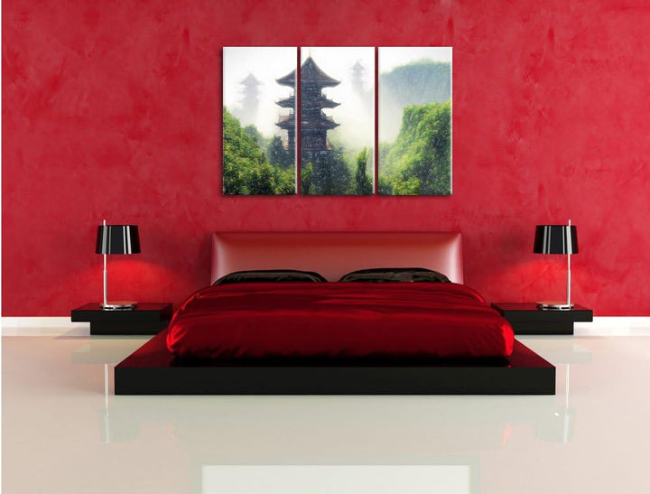 Pixxprint chinesische Häuser Kunst Buntstift Effekt 3-Teiler Leinwandbild 120x80 Bild auf Leinwand