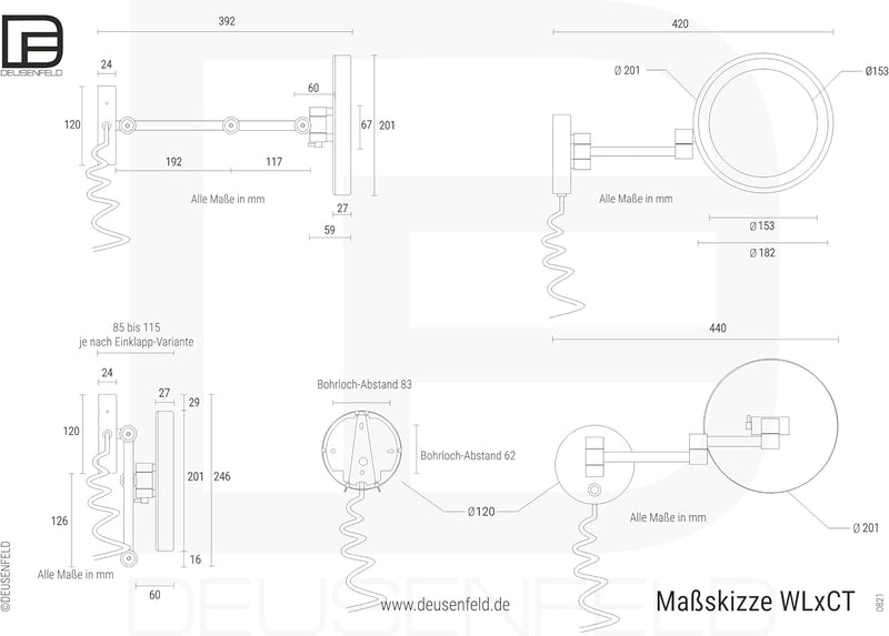 DEUSENFELD WL100CT - Premium LED Kosmetikspiegel, CTT - stufenlos Einstellbarer Farbton von 2700-650