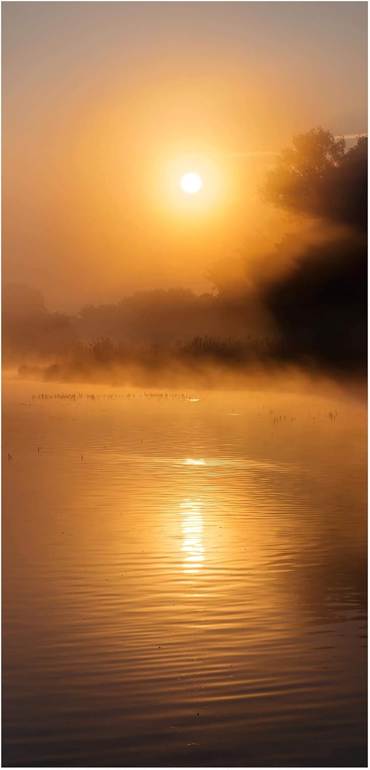 Bilderwelten Raumteiler Sonnenaufgang am See mit Rehen im Nebel 250x120cm ohne Halterung 250 x 120cm