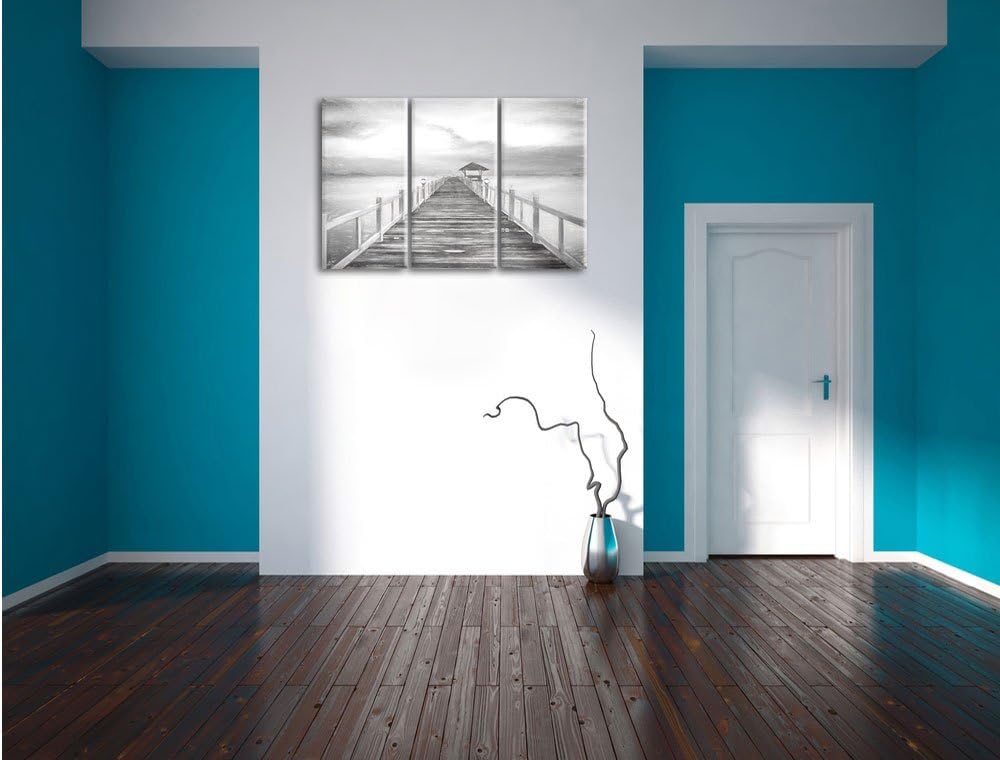 Pixxprint Steg ins Meer bei Sonnenuntergang Kohle Zeichnung Effekt 3-Teiler Leinwandbild 120x80 Bild