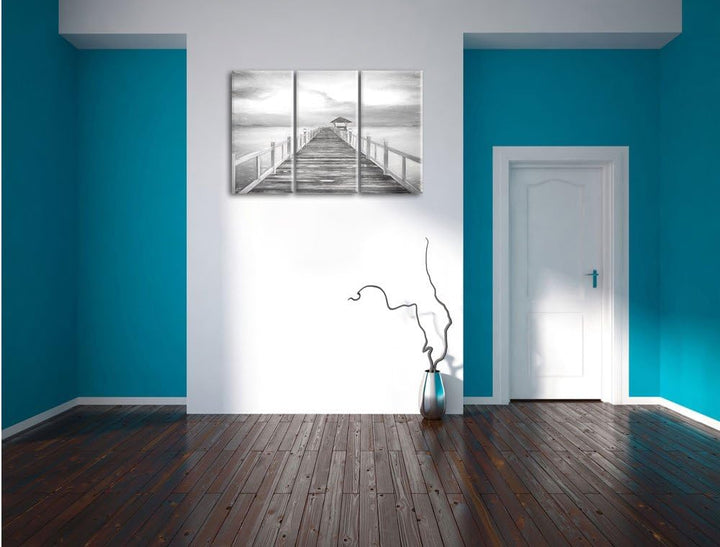 Pixxprint Steg ins Meer bei Sonnenuntergang Kohle Zeichnung Effekt 3-Teiler Leinwandbild 120x80 Bild