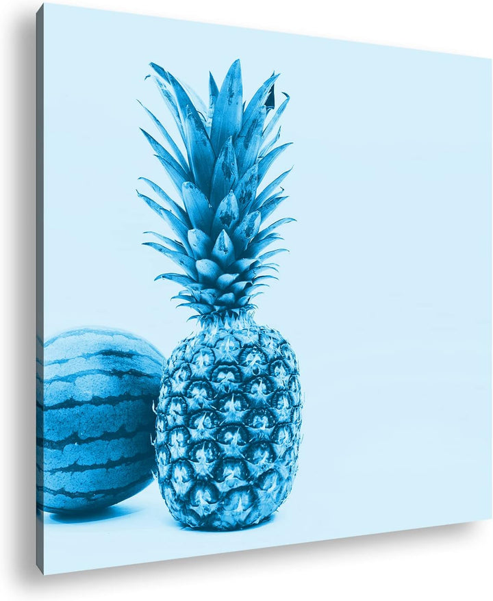Ananas Melone Format: 70x70 Effekt: Monocrome Blau als Leinwand, Motiv fertig gerahmt auf Echtholzra