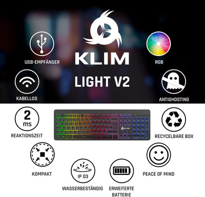 KLIM Light V2 Gaming Tastatur Kabellos QWERTZ + NEU 2023 + flach, ergonomisch, dezent, wasserresiste