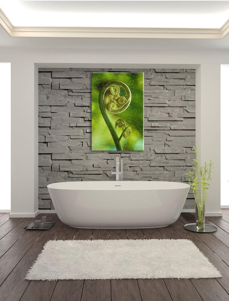 Pixxprint Lockiges Blatt von Einer Farne im Wald Kunst Buntstift Effekt, Format: 100x70 auf Leinwand