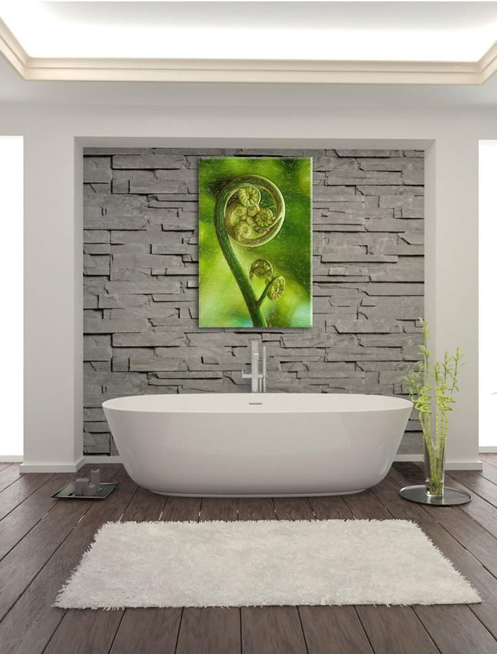 Pixxprint Lockiges Blatt von Einer Farne im Wald Kunst Buntstift Effekt, Format: 100x70 auf Leinwand