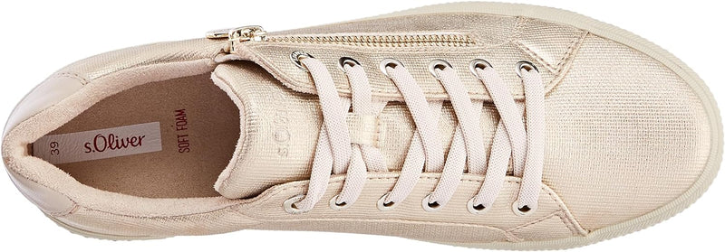 s.Oliver Damen Sneaker flach elegant mit Schnürsenkeln und Reissverschluss 36 EU Champagne Strc, 36