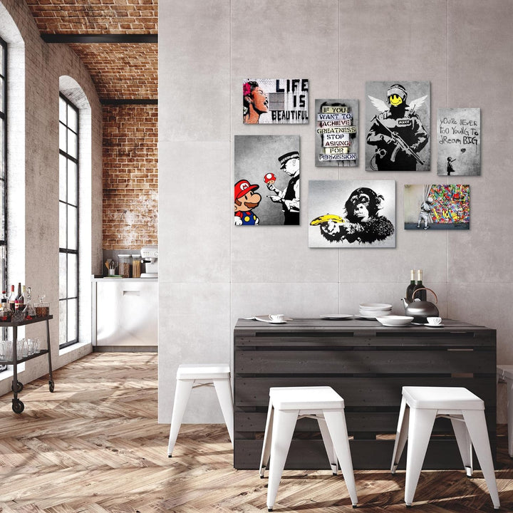 Novart Wandbilder Banksy Collage - KOMPLETT AUFHÄNGFERTIG - Street Art Wohnzimmer Büro- 7 Moderne Mo