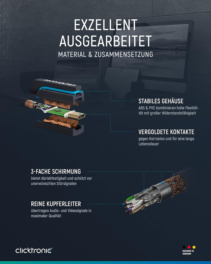 Clicktronic 1m USB C zu HDMI Adapter für TV – USB-C auf HDMI 2.0 Adapterkabel 4K 60Hz - Thunderbolt