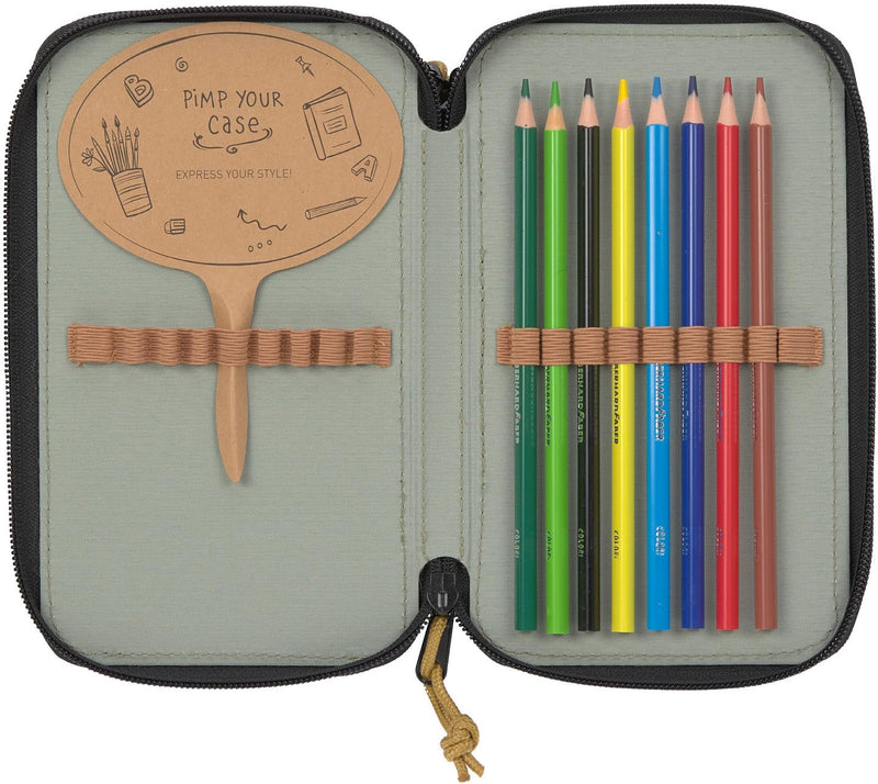 LÄSSIG Federmäppchen befüllt 20-teilig/ School Triple Pencil Case Unique black Schwarz, Schwarz