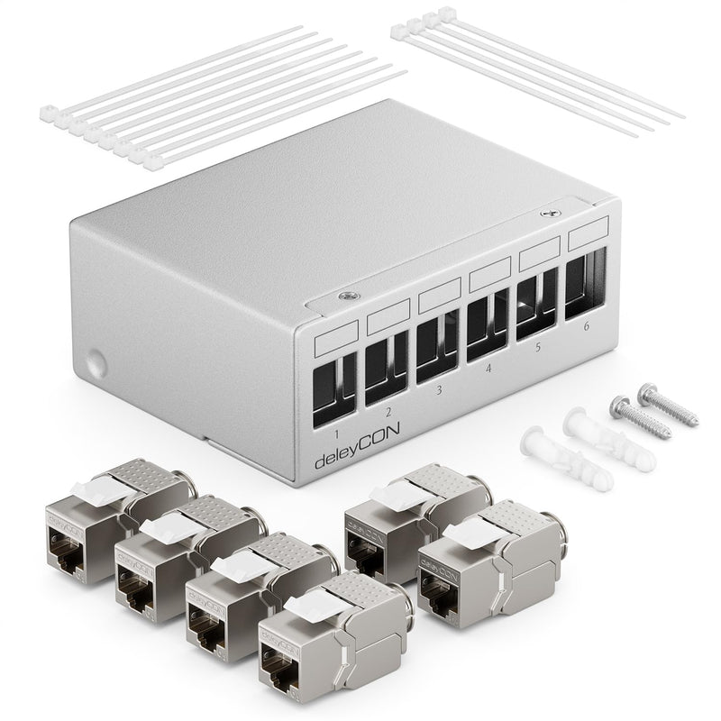 deleyCON 6 Port Patchpanel Set Patchfeld Verteilerfeld 1 HE + 6x RJ45 Keystone Jack Modul STP CAT6a