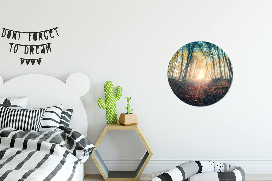 MuchoWow Wandbild Rund Wanddeko Deko Wohnzimmer Bilder 30x30 cm Wald - Nebel - Sonne - Herbst, 30x30