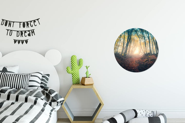 MuchoWow Wandbild Rund Wanddeko Deko Wohnzimmer Bilder 30x30 cm Wald - Nebel - Sonne - Herbst, 30x30