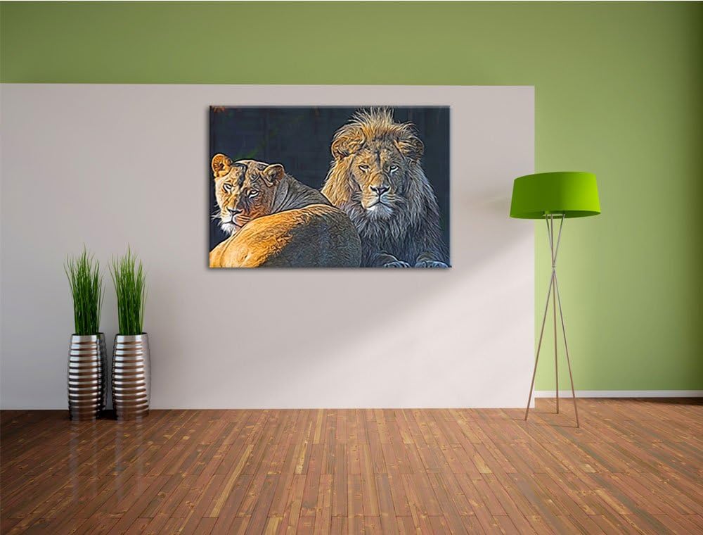 schönes Löwenpaar Deluxe Format: 100x70 cm auf Leinwand, XXL riesige Bilder fertig gerahmt mit Keilr