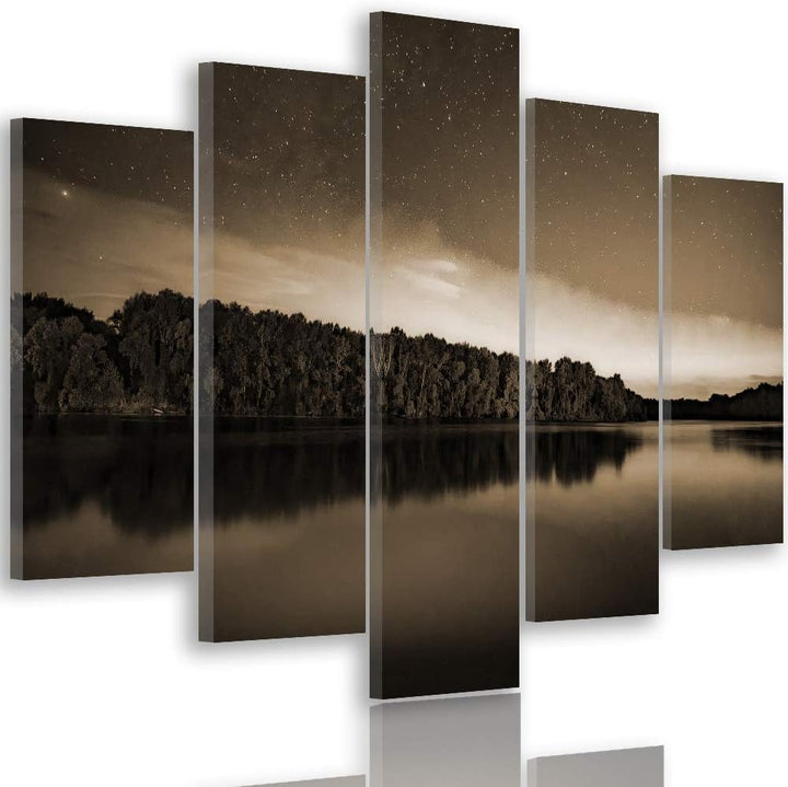 Bilder Landschaft 100x70 cm - Leinwandbild - 5 Teilig - Kunstdruck See Wald Sepia Leinwandbild 100x7