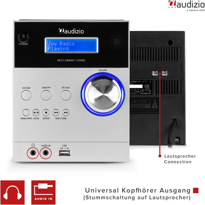 Audizio Metz DAB Radio mit CD, Bluetooth, MP3 Player, Fernbedienung, UKW, Aux Eingang, Radio Wecker,