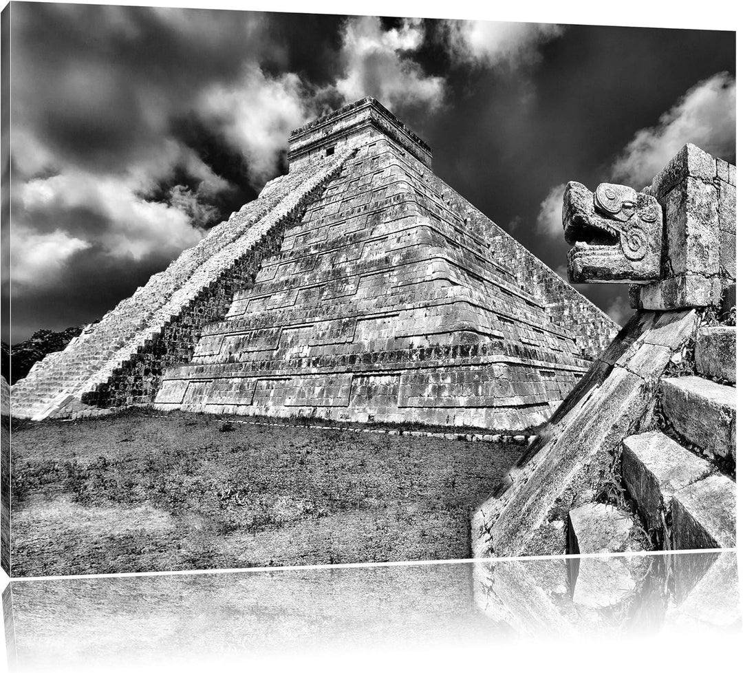 Pixxprint Monocrome, Schöner Maya Tempel in Mexiko, Format: 100x70 auf Leinwand, 100x70