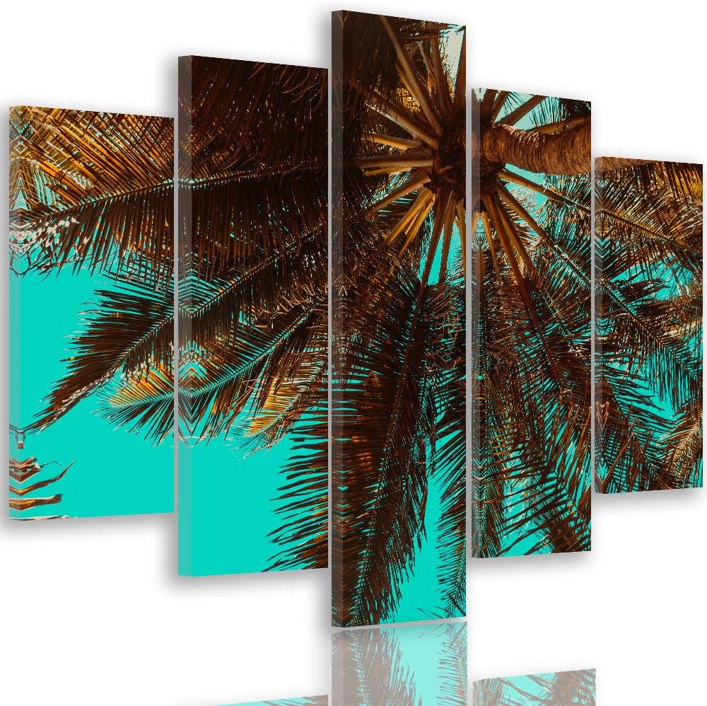 Feeby Bild auf Leinwand Palme 5 Teilig Modern Natur Exotik Himmel Retro blau 200x100 cm Leinwandbild