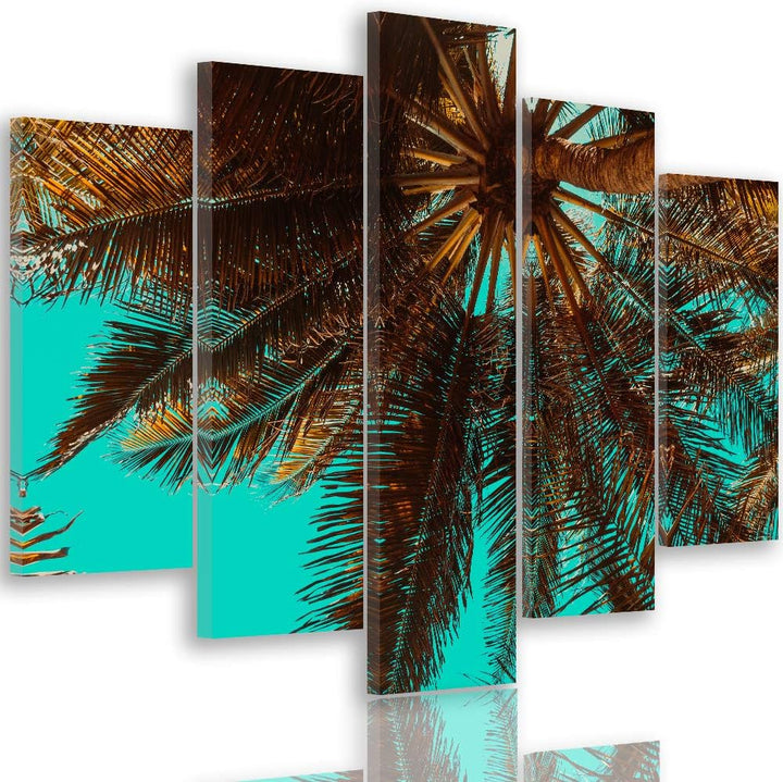 Feeby Bild auf Leinwand Palme 5 Teilig Modern Natur Exotik Himmel Retro blau 200x100 cm Leinwandbild