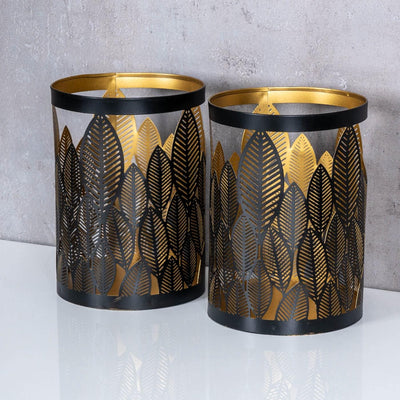 2er Set Windlicht 13x18cm Schwarz Gold Metall Teelichthalter Blattdekor Blumendekor Tischdeko Indust