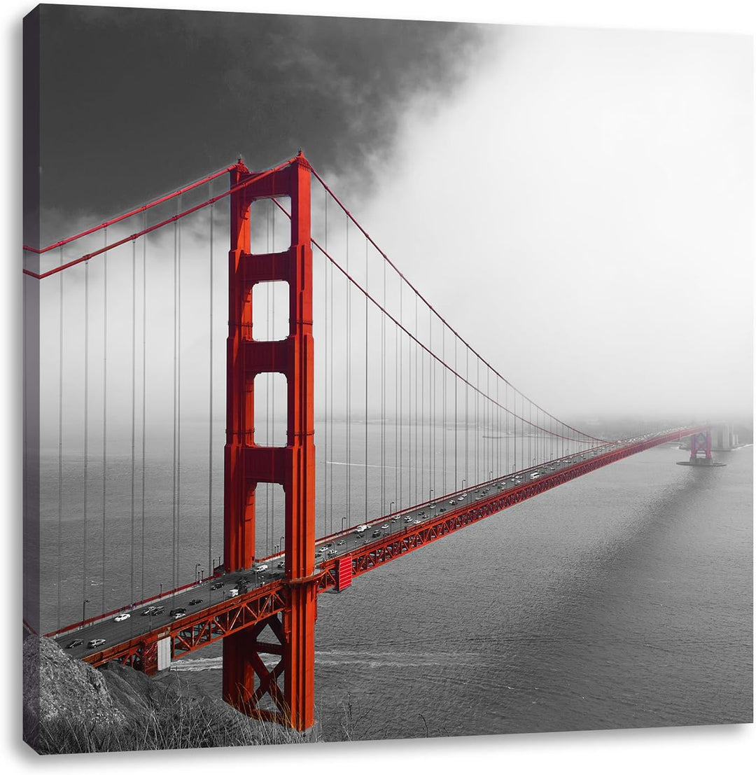 Pixxprint rote Golgen Gate Bridge in San Francisco schwarz/weiss, Format: 70x70 auf Leinwand, 70x70