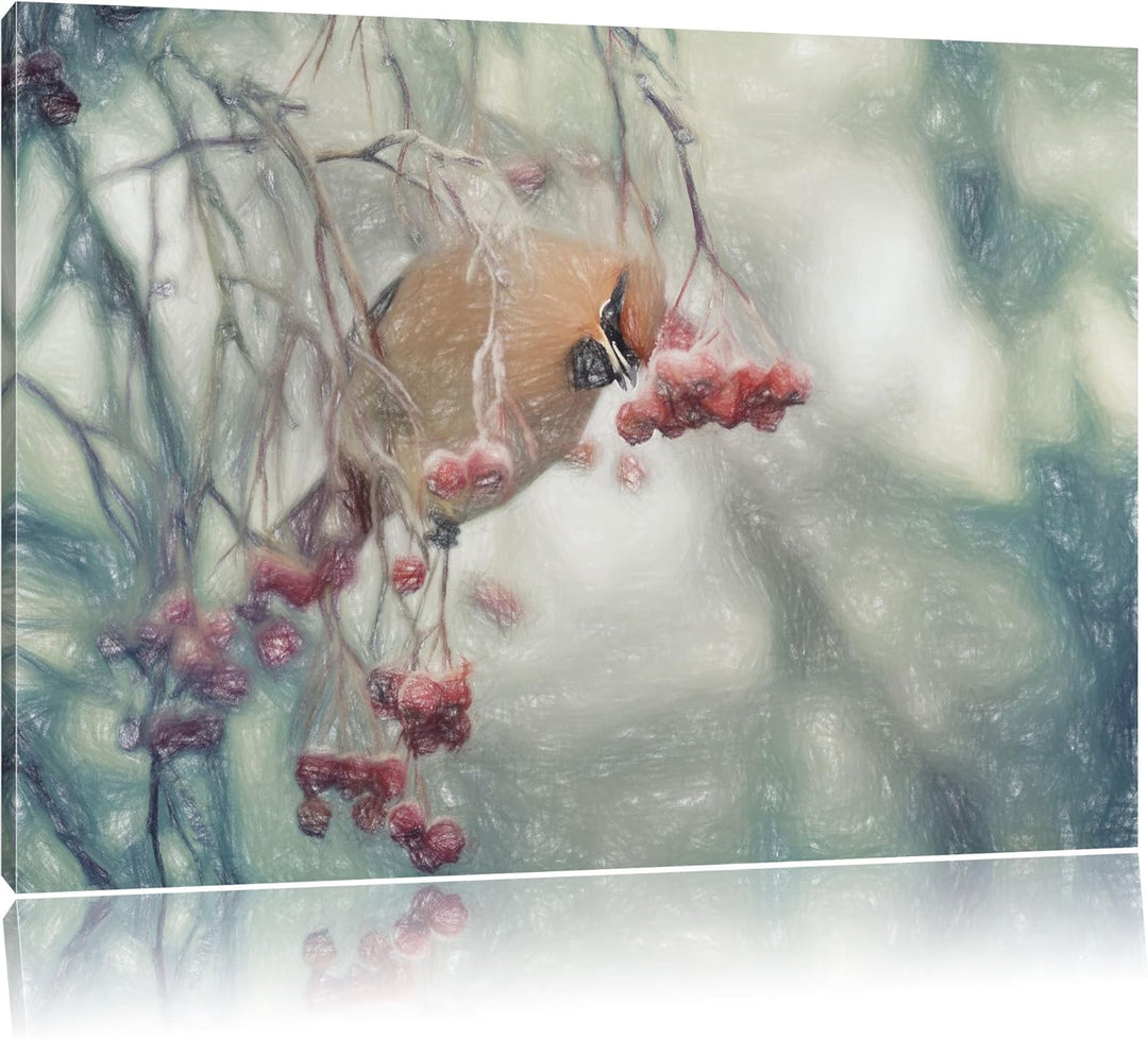 Pixxprint Kleiner Vogel im Vogelbeerbaum Bunstift Effekt, Format: 100x70 auf Leinwand, XXL riesige B