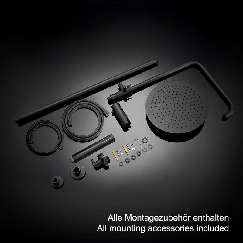 JOHO 304 Edelstahl Duschsystem ohne Armatur, Matt Schwarz Regendusche Duschset mit Wandhalterung, Du