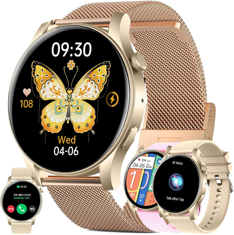 Smartwatch Damen mit Telefonfunktion, 1,43” AMOLED Fitnessuhr mit 100+ Sportmodi, Pulsmesser, Schlaf