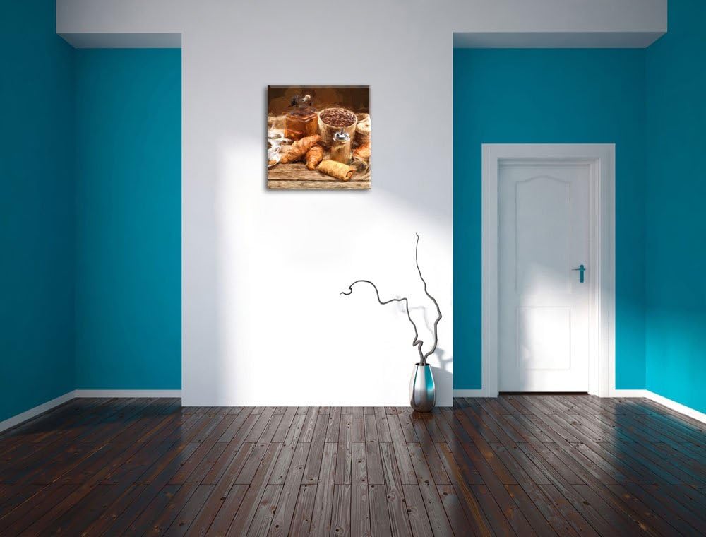Pixxprint Aromatischer Kaffee mit Croissant als Leinwandbild Quadratisch/Grösse: 70x70 / Wandbild/Ku