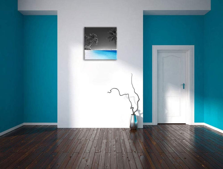 Pixxprint schöne Palmen über dem Meer schwarz/weiss, Format: 70x70 auf Leinwand, 70x70