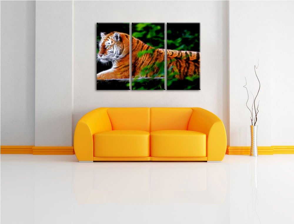 Dark anmutiger Tiger auf Baumstamm NewArt 3-Teiler Leinwandbild 120x80 Bild auf Leinwand, XXL riesig