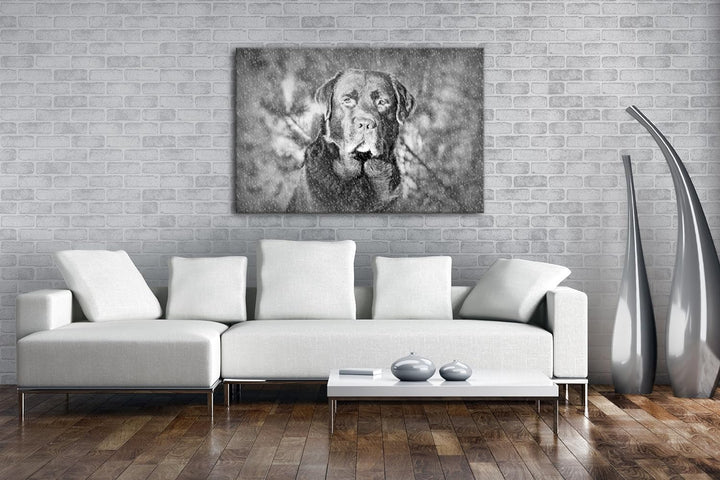 deyoli Hund im Schnee Effekt: Schwarz/Weiss Format: 80x60 als Leinwand, Motiv fertig gerahmt auf Ech